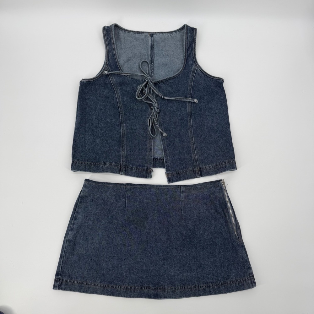 Vintage Style Dark Wash Denim 2 Piece Set Lace Up Vest and Mini Skirt Medium